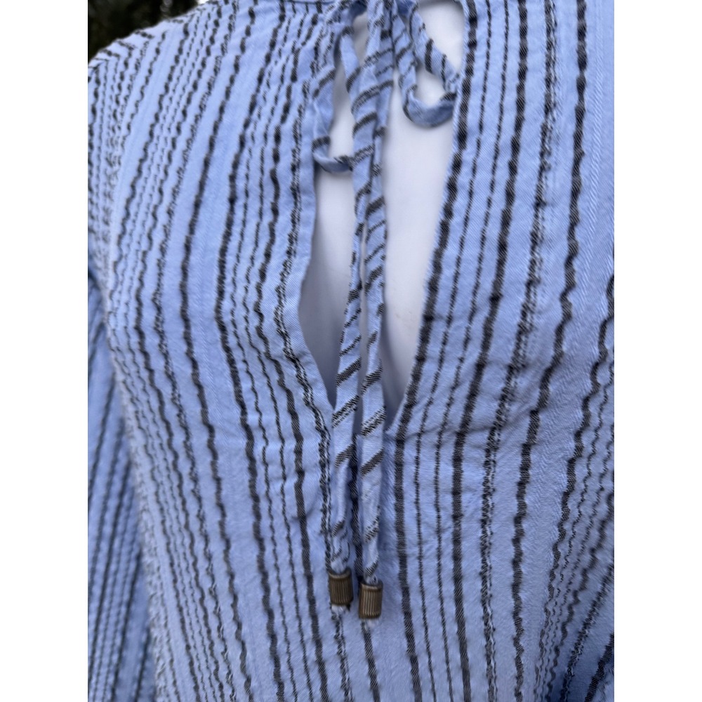 Free People Blue Striped Tunic Top XS Balloon Sleeve Boho VNeck Tie Front Blouse - Picture 6 of 12